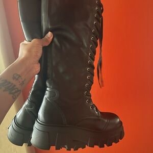 Black Lace-Up Knee-High Boots